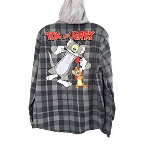 Tom And‎ Jerry Flannel Hooded Shirt Mens Size Large Button Up Skater Grunge